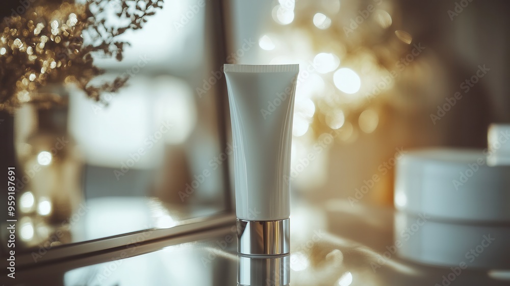 Aufkleber A tube of cream sits on a reflective surface while casting a subtle reflection in a softly lit environment, enhancing the tranquil mood. Generative AI