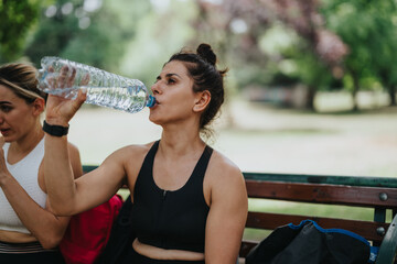Two women taking a break and hydrating after exercise, sitting on a park bench on a sunny day.