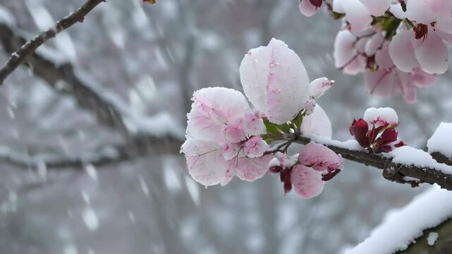 Single cherry blossom tree in full bloom in winter. Trees covered with snow. Snowy branches. Winter landscape. Slow zoom out, cinematic. 