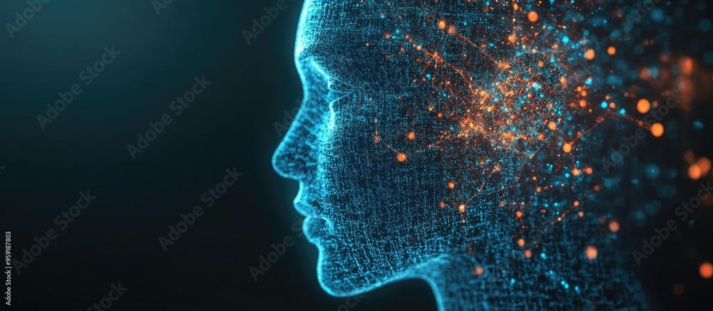 Poster 3d rendering of a digital artificial intelligence text hologram displayed against a black background