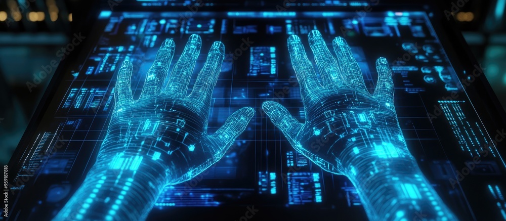 Poster double exposure of hands on a computer with a digital data theme hologram overlay technology concept