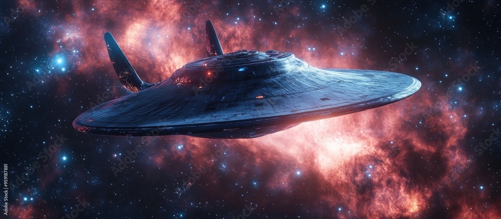 Poster alien spacecraft exploring deep space with a starry backdrop featuring a rear view of the ufo render