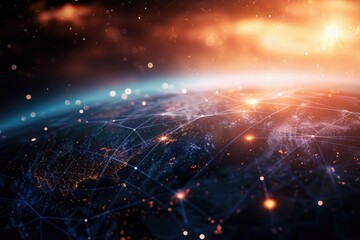 Abstract Global Network with Blurred City Lights and Starry Sky