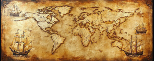 Fototapeta premium A vintage world map with sepia tones, showcasing old maritime routes and hand-sketched ships. The map is weathered, with torn edges and a patina of age, reminiscent of a timeworn explorer's treasure