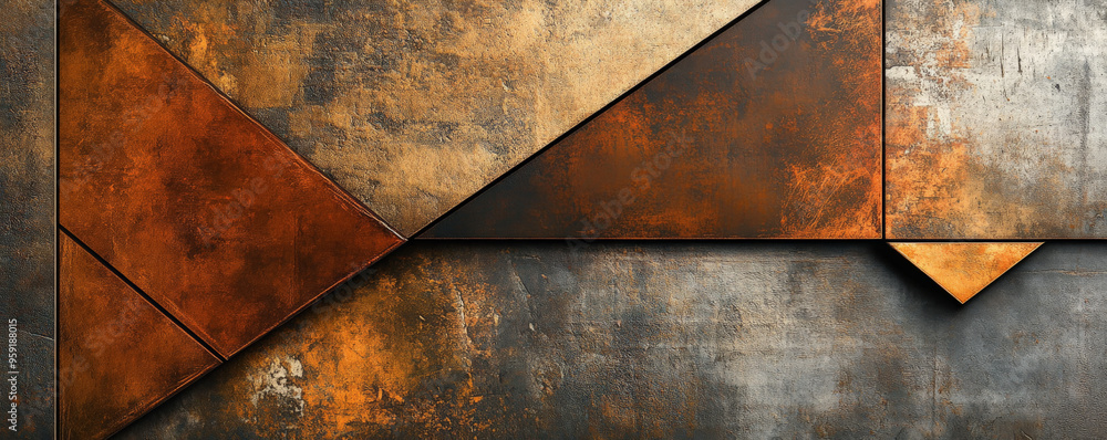 Poster abstract art backdrop with a blend of metallic textures and bold, angular shapes in shades of copper