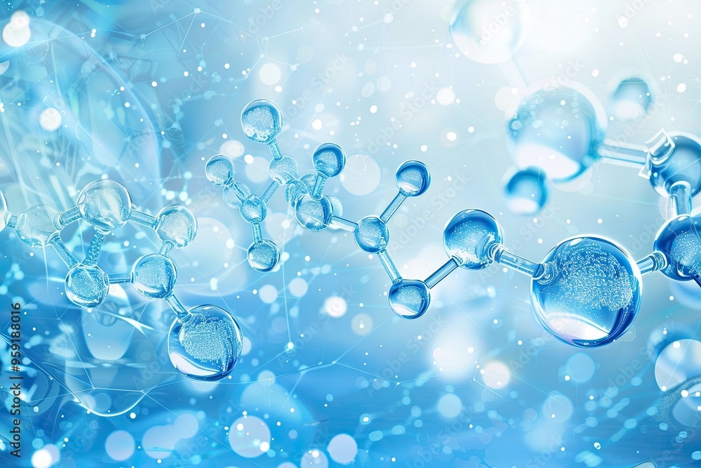 Aufkleber abstract molecule structure on blue background with bokeh lights