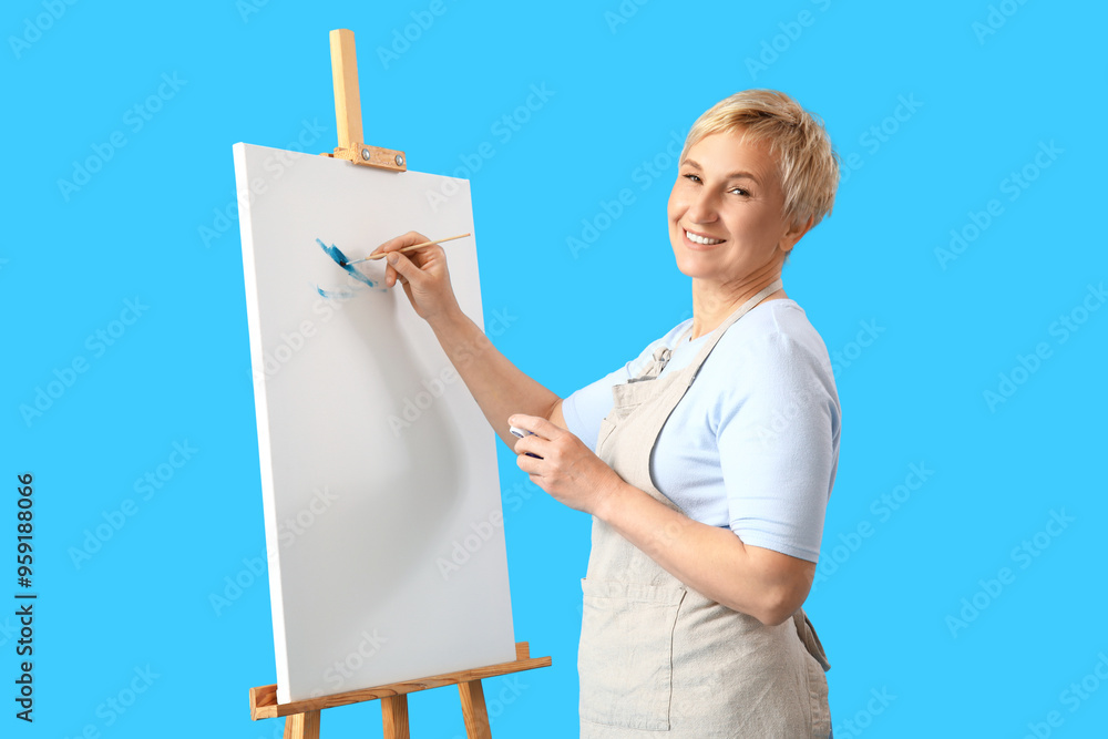 Poster Mature female artist painting picture on blue background