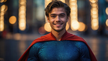 A male superhero stands confidently in a dark urban alley, prepared for action during a nighttime crime-fighting mission