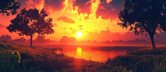 Vibrant sunset over a tranquil landscape with silhouettes of trees creating a serene atmosphere perfect for relaxation and contemplation