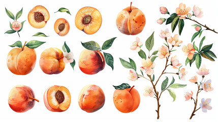 Watercolor collection of peaches, slices, and blossoms in detail.