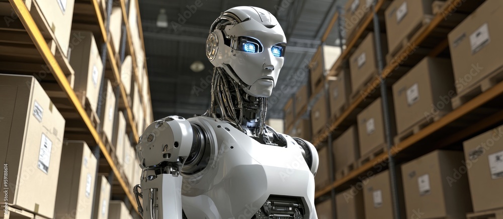 Poster 3d rendered robot featuring automation in a warehouse setting with cardboard boxes