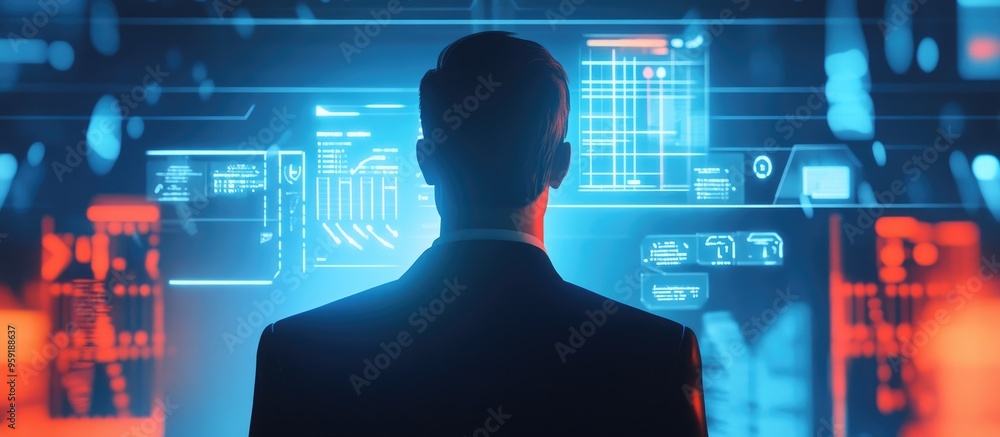 Poster businessman interacting with advanced ai technology issuing commands via a smart robot for business 