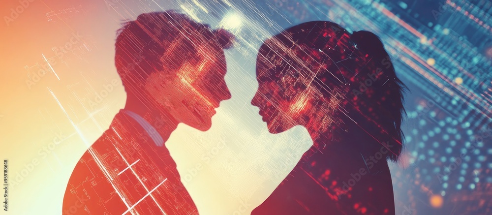 Poster double exposure of a man and a woman collaborating with a holographic data theme illustration agains