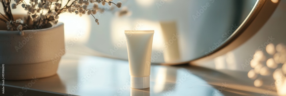 Poster a tube of cream is positioned on a vanity surface, capturing the warm reflection in a nearby mirror,