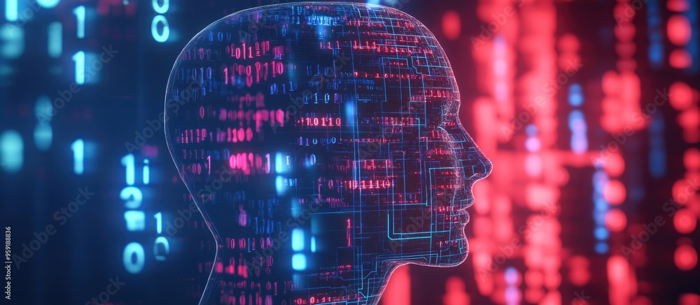 Poster creative circuit head silhouette over binary code backdrop illustrating ai and futuristic themes 3d 