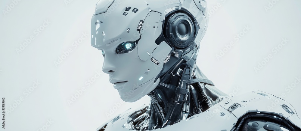 Poster 3d rendering of a futuristic robotic figure with advanced technology features