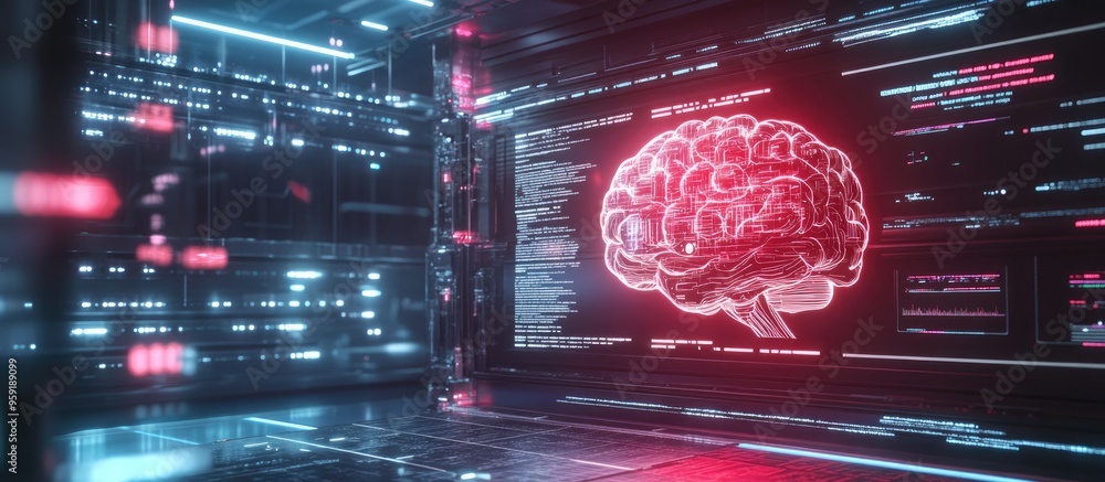 Poster artificial intelligence concept featuring a futuristic user interface with data and information high