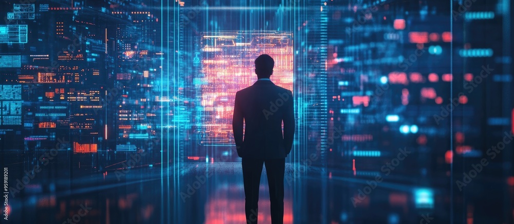 Poster businessman with a computer backdrop featuring a technology themed hologram representing the concept