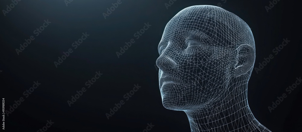 Poster high resolution 3d wireframe model of a male head isolated on a dark background representing themes 