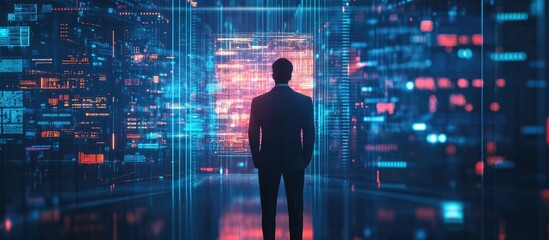 Businessman with a computer backdrop featuring a technology themed hologram representing the concept of big data through double exposure