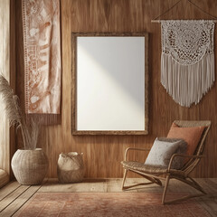 A bohemian lounge cafe sitting area with a blank frame mockup against a terracotta-colored wall, with hanging macramé and tapestries