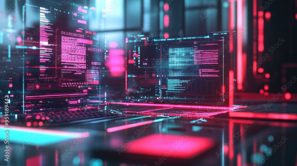 Poster technology themed illustration featuring a computer on a table with a double exposure effect concept