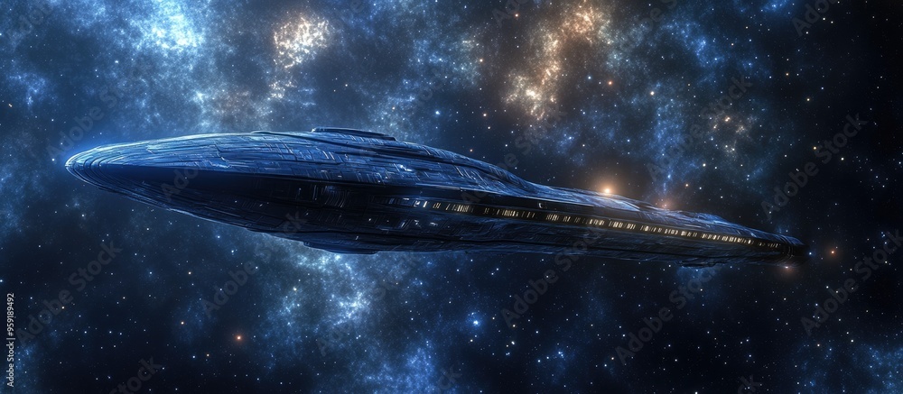 Poster alien spacecraft soaring through the cosmos with stars twinkling in the background captured from the