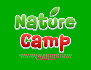 Vector touristic flyer Nature Camp. Funny bright Font. Artistic Alphabet Letters and Numbers set