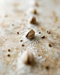 Salted pistachios on soft beige surface, natural snack concept for healthy eating and nutrition