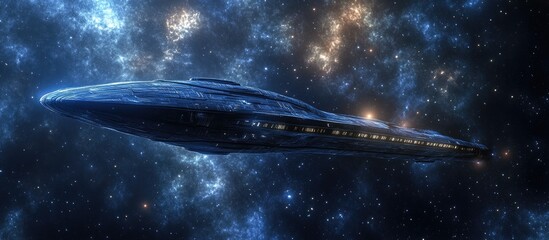 Obraz premium Alien spacecraft soaring through the cosmos with stars twinkling in the background captured from the rear in a 3D render