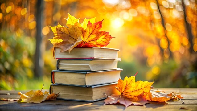 Stack of books with autumn leaves