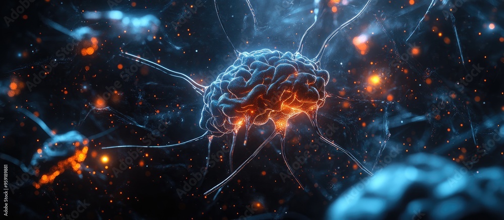 Poster cellular structures resembling an artificial brain against a dark blue and black background featurin