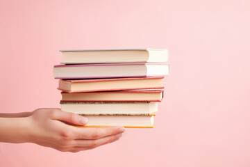 Woman hands holding pile of books over pastel pink background. Education, reading, back to school, university, studies, mentorship, self-learning, book swap, hobby, relax time
