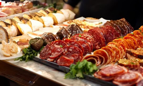Assortment of cold cuts on the counter in a delicatessen Video
