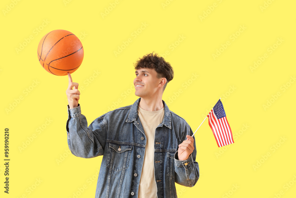 Sticker Young man with USA flag and ball on yellow background