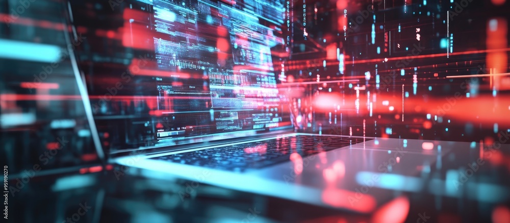Poster double exposure of a hologram featuring robotics technology on a laptop screen concept of software r