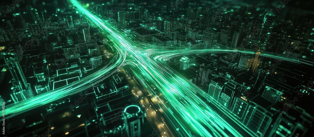 Poster dynamic dark abstract cityscape featuring a luminous green light trail traversing through it viewed 