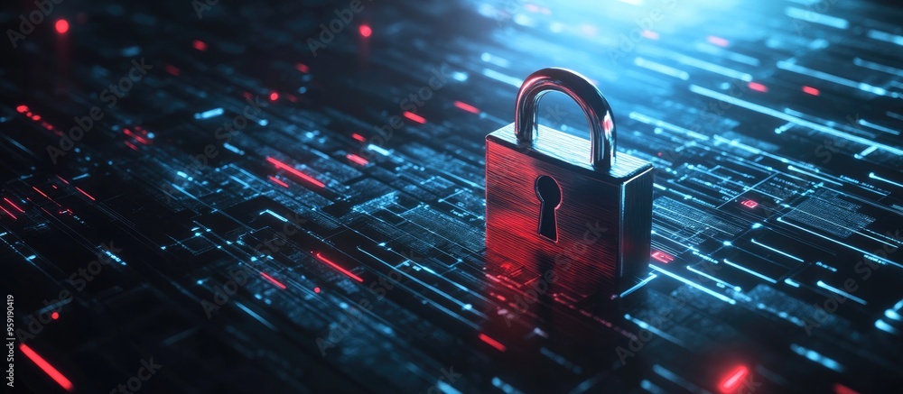 Poster safety concept featuring a closed padlock on a digital backdrop emphasizing cybersecurity with a bla