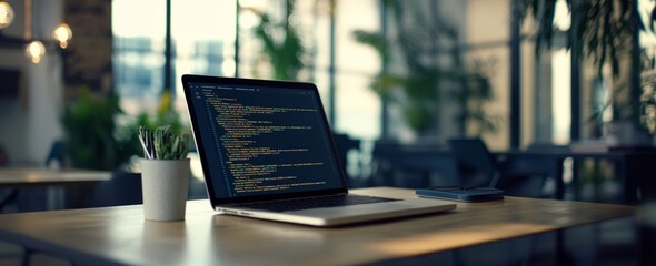 A laptop with coding on the screen, set against an office background. Programming work time 