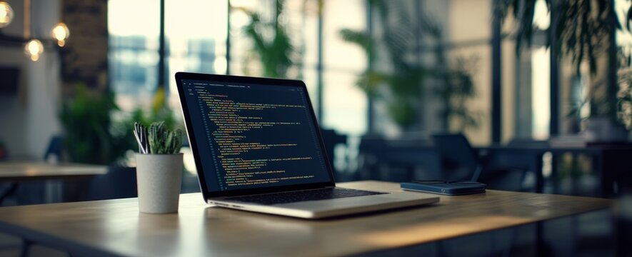 A laptop with coding on the screen, set against an office background. Programming work time 