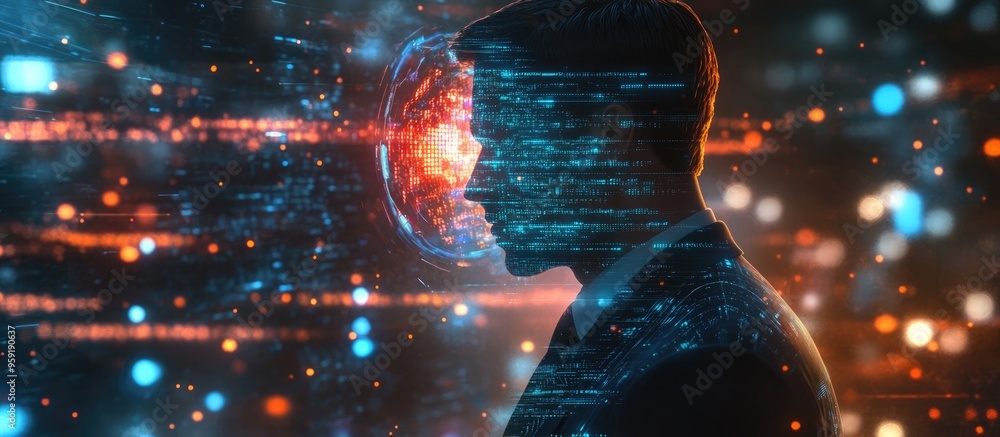 Poster businessman with a computer backdrop featuring a technology themed hologram representing the concept