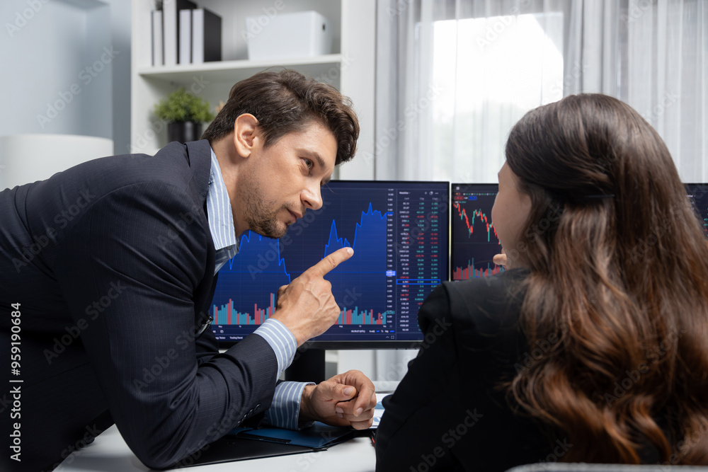 Aufkleber two business traders discussing on dynamic stock market in currency rate investment trading on two p