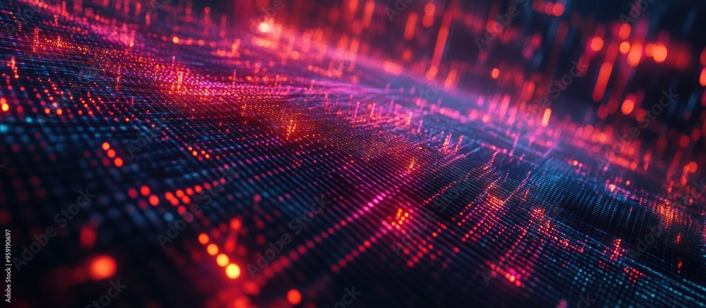 Poster blockchain network connections in a digital cyberspace featuring an abstract matrix background 3d re