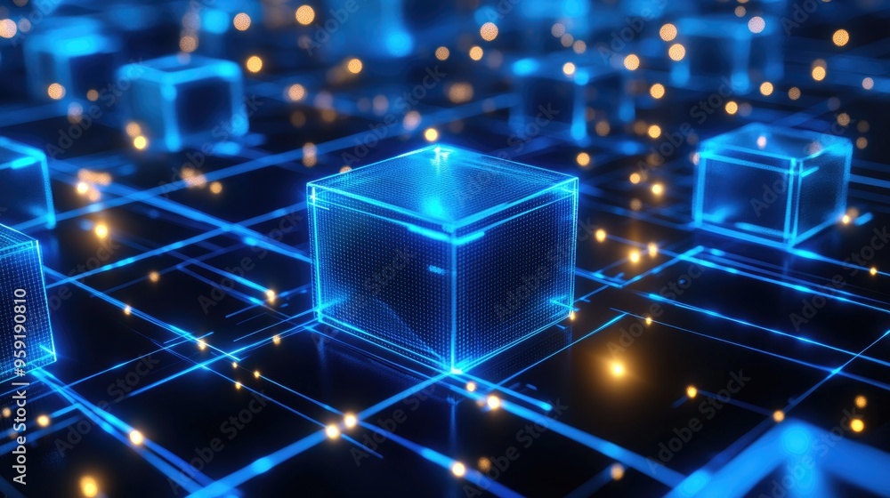 Poster 3d rendering of interconnected blue cubes with glowing digital lines symbolizing advanced technology