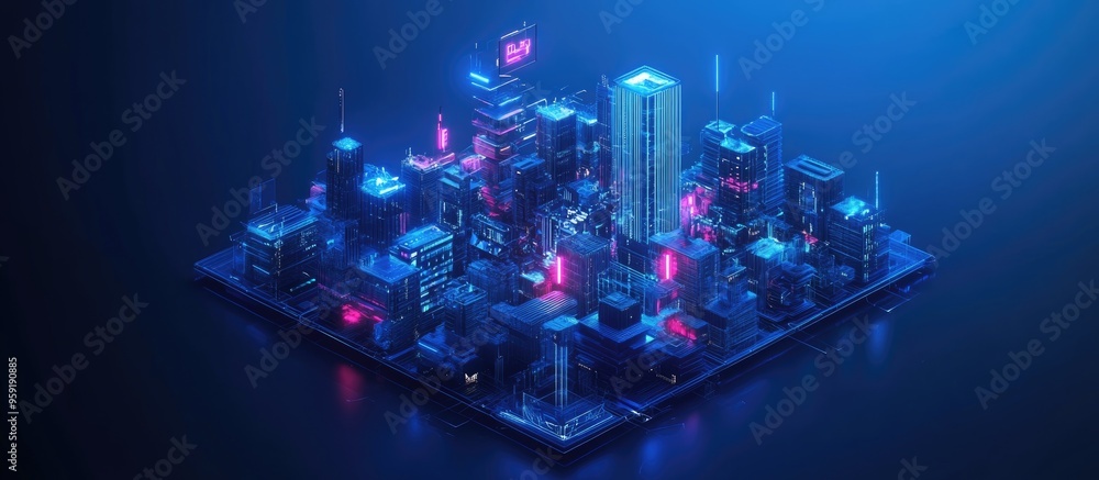 Poster isometric neon cityscape in cyber blue showcasing a virtual reality theme an abstract representation