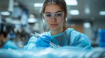 Medical technician preparing procedure hospital environment professional care sterile tools focused interaction supportive setting