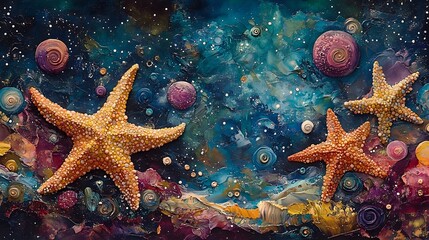 Starfish Cosmic Ocean Painting Colorful Textured Fantasy Universe