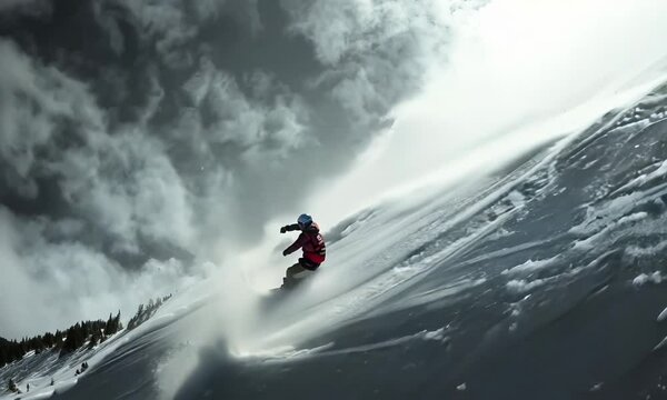 A snowboarder catching air on a half-pipe, their board spinning in the air. Video