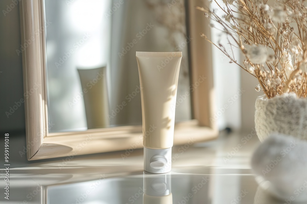 Aufkleber A tube of cream is positioned in front of a mirror, reflecting the soft glow of light and surrounding dried flowers in a serene setting. Generative AI