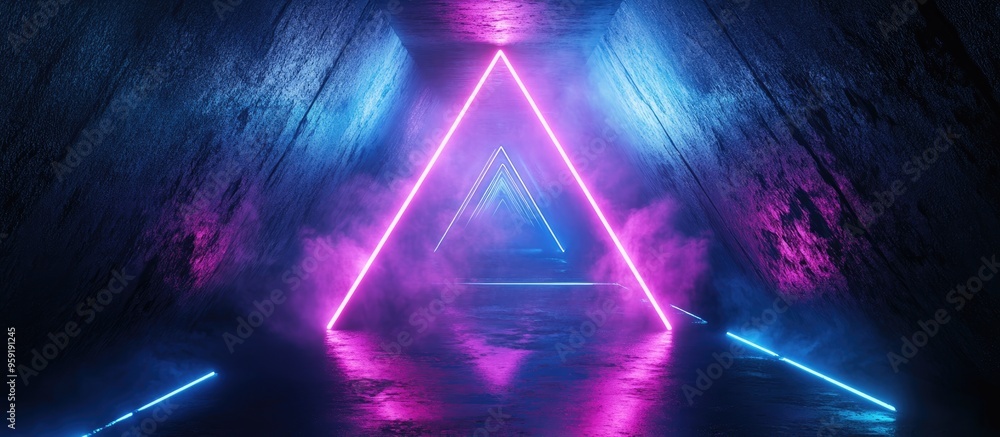 Poster neon blue and purple smoke forms a glowing triangle in a sci fi abstract corridor with a glossy meta
